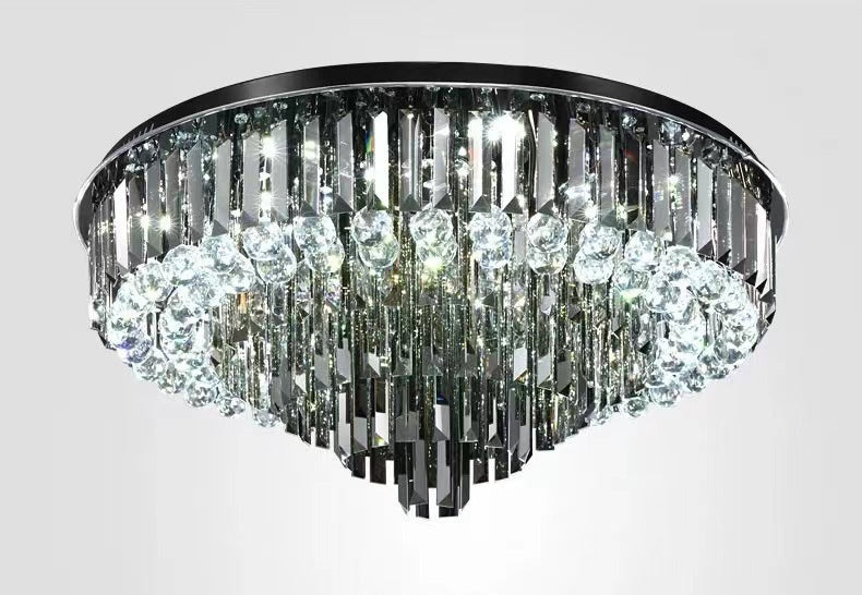 Smoke Gray Crystal Round Flush Mount Chandelier Light Luxury Finish