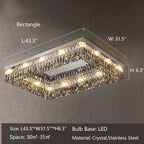 Oversize Modern Flush Mount Chandelier with Mirrored Stainless Steel and Crystal Pendants, Square &