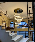 Gold Finish 5-Ring Crystal Chandelier with Metal and Glass Materials