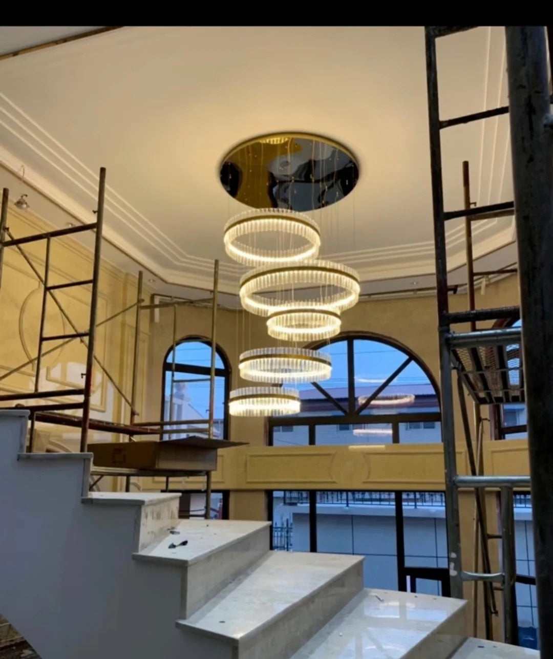 Gold Finish 5-Ring Crystal Chandelier with Metal and Glass Materials