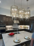 Modern Multi-Tier Champagne-Hued Glass Chandelier in Chrome Finish