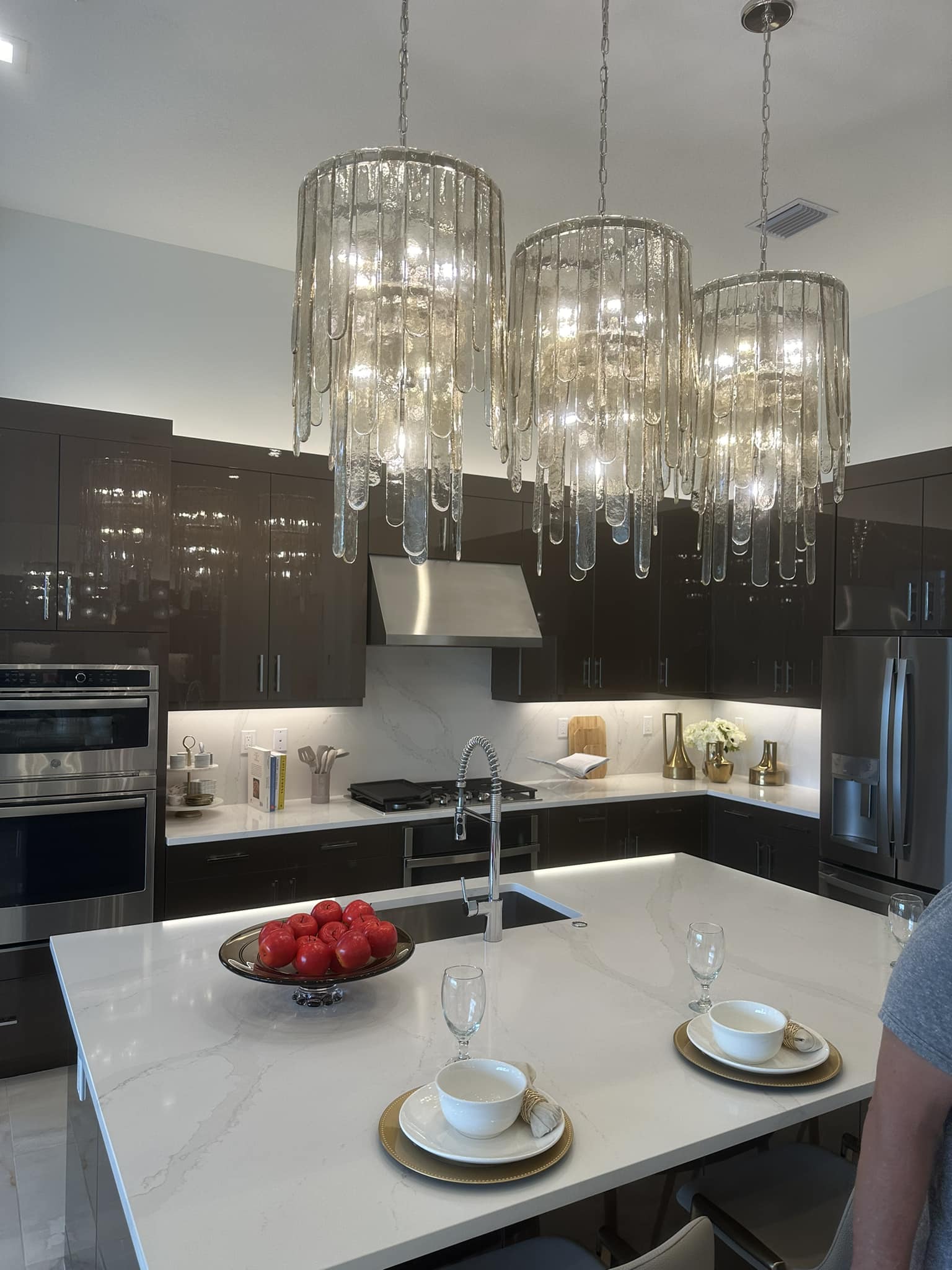 Modern Multi-Tier Champagne-Hued Glass Chandelier in Chrome Finish