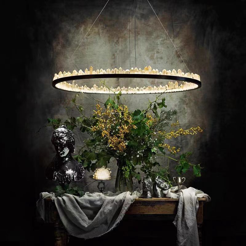 Modern Round Chandelier with Brass / black Finish and Natural Quartz Crystals