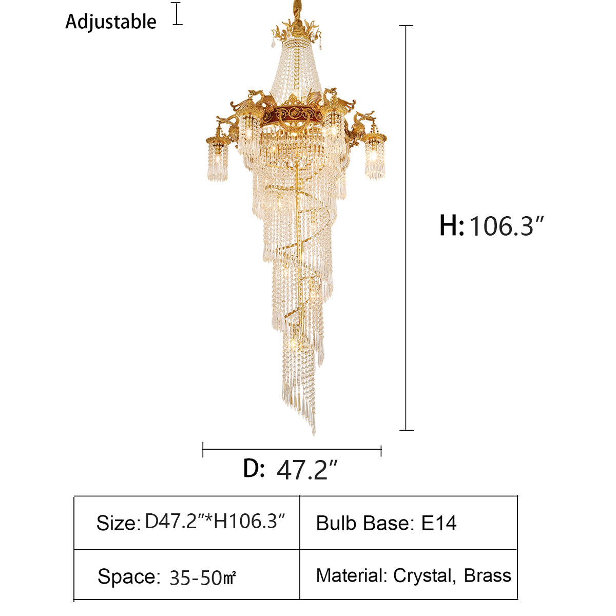 Extra Large Retro Luxury Full Copper Crystal Chandelier for Staircase / Duplexes / Villas