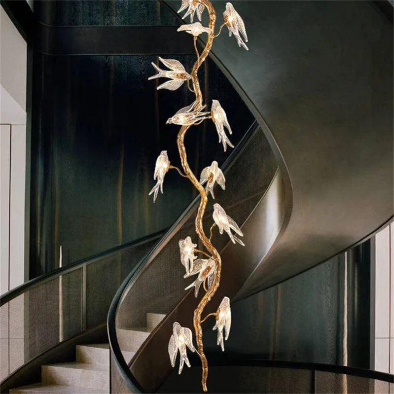 Lucky Bird Glass Tree Branch Chandelier for Staircase
