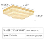 Extra Large Three Layers Rectangular Luxury Flush Mounted Crystal Chandelier for Living Room