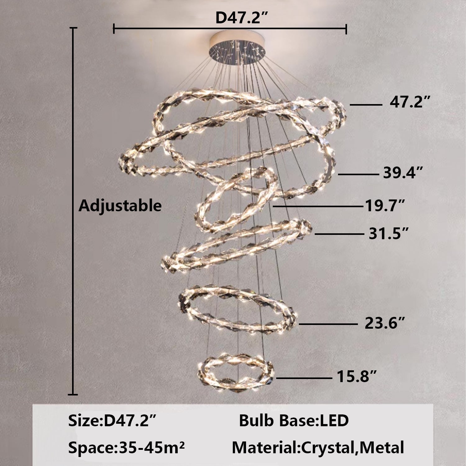 Oversized Multi-Tiered Rings Crystal Chandelier Modern Clear and Grey Crystal Ceiling Light