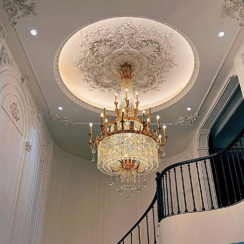Stunning Oversized Luxury Golden Metal Candle Crystal Tassel Chandelier for High-Ceiling Staircase / entryway