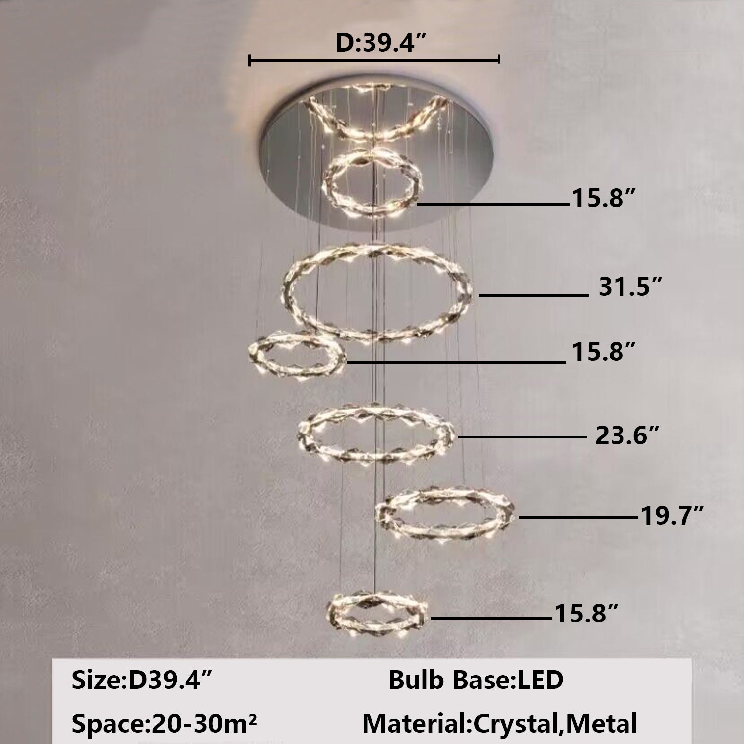 Oversized Multi-Tiered Rings Crystal Chandelier Modern Clear and Grey Crystal Ceiling Light