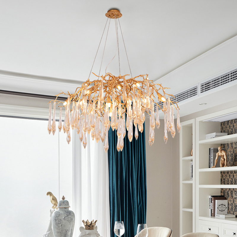Iris Raindrop Brass Branch Round Crystal Chandelier 25-Inch35-Inch41-Inch
