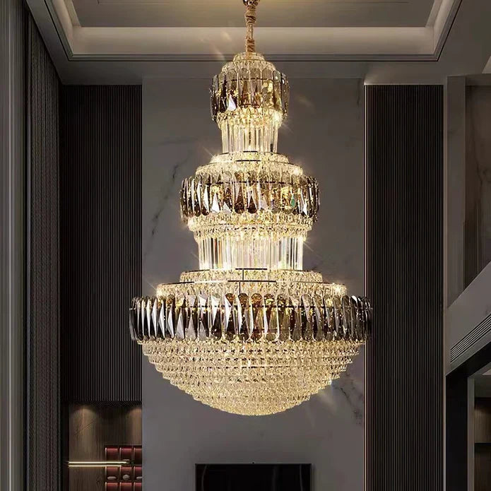 Golden Era Grand Cascade Round Chandelier with Smoky Gray & Clear K9 Crystal Finish for High Ceilings