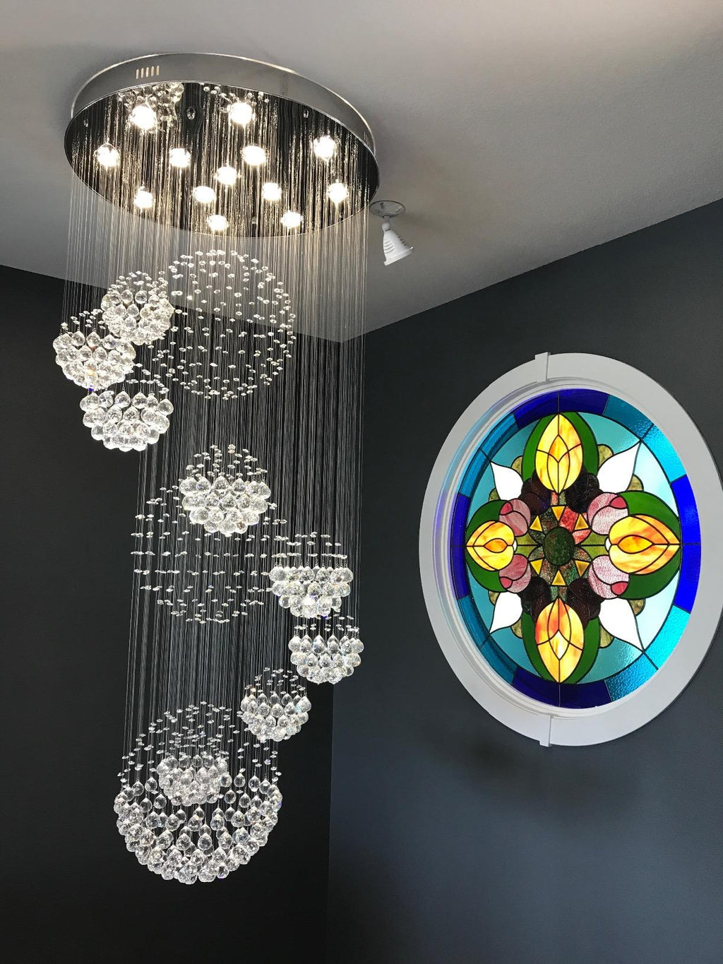 K9 Crystal Raindrop Globe Spiral Chandelier for Entryway and Staircase