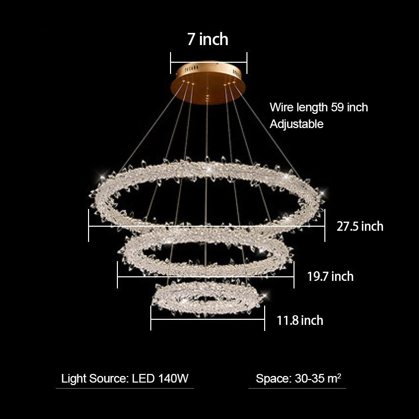 Modern 3-Ring Round K9 Crystal Chandelier with Steel Wire Finish for Living Room Bedroom