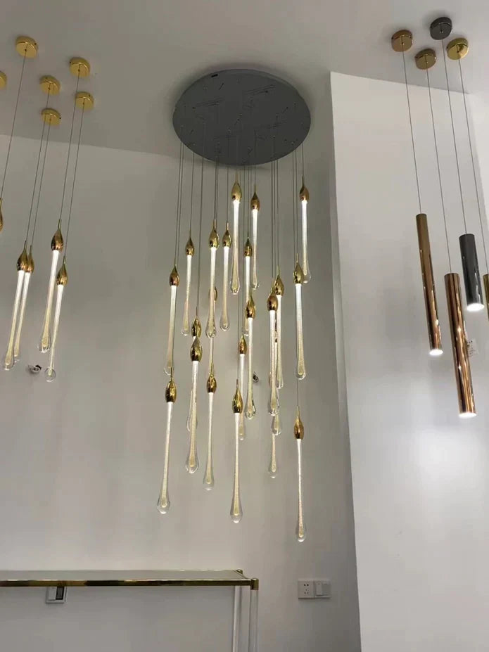 Modern Long Gold Glass Rain Rod Pendant Light for Staircase / high-Ceiling Room