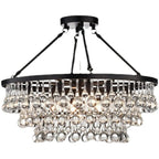 Black Finish Iron Semi Flush Mount Light Round Crystal Drops Ceiling Chandelier for Living Room