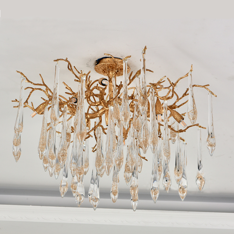 Iris Raindrop Brass Branch Crystal Ceiling Light Flushmount