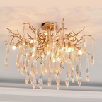 Iris Raindrop Brass Branch Crystal Ceiling Light Flushmount