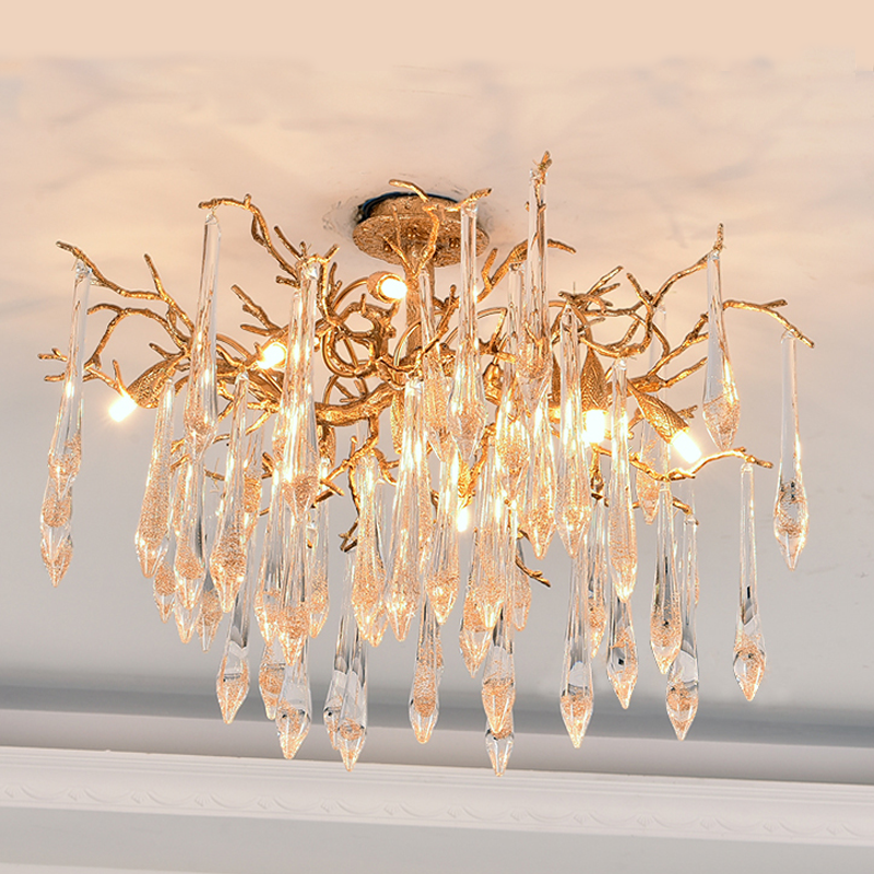 Iris Raindrop Brass Branch Crystal Ceiling Light Flushmount