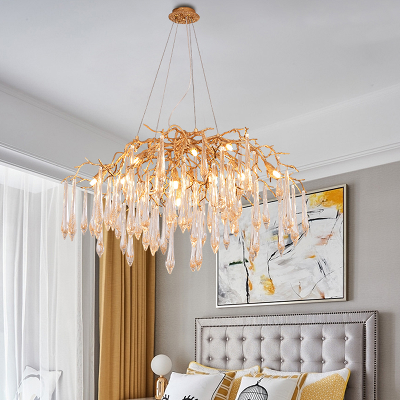 Iris Raindrop Brass Branch Round Crystal Chandelier 25-Inch35-Inch41-Inch
