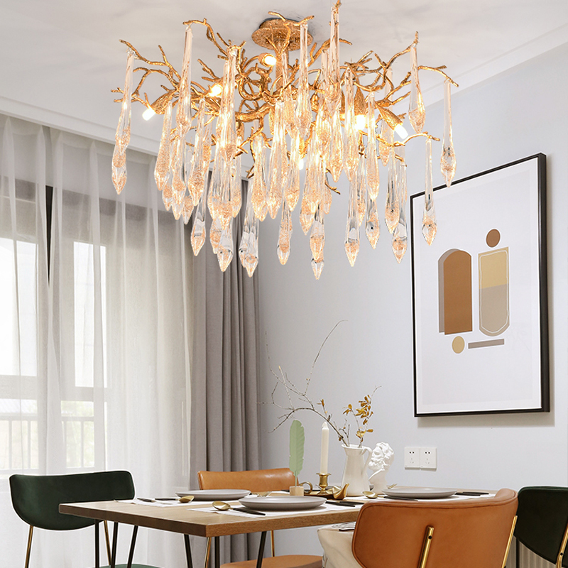 Iris Raindrop Brass Branch Crystal Ceiling Light Flushmount