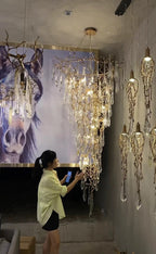 Modern Oversized Luxury Copper Crystal Long Crystal Branch Air Bubble Drop Staircase Light