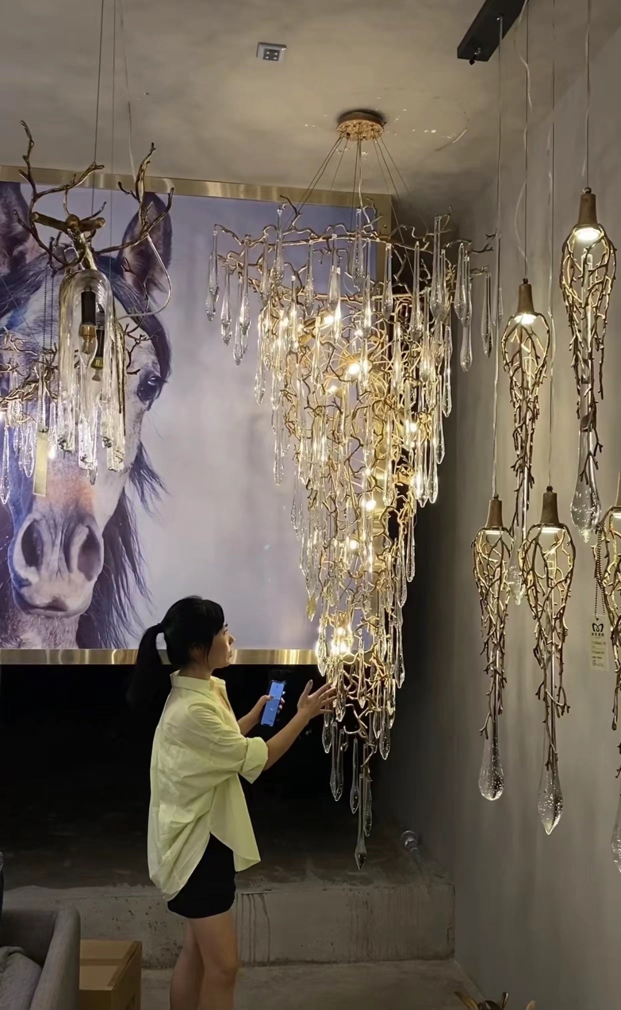 Modern Oversized Luxury Copper Crystal Long Crystal Branch Air Bubble Drop Staircase Light
