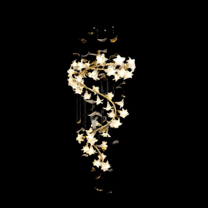 Ceramic Flower Chandelier in Artistic Brass Branch Design