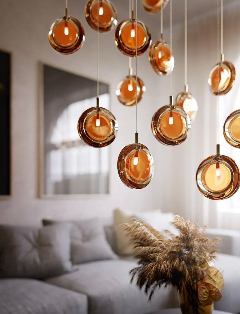 Multi-Colored Round Glass and Metal Suspension Light Chandelier