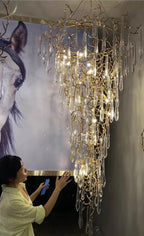 Modern Oversized Luxury Copper Crystal Long Crystal Branch Air Bubble Drop Staircase Light