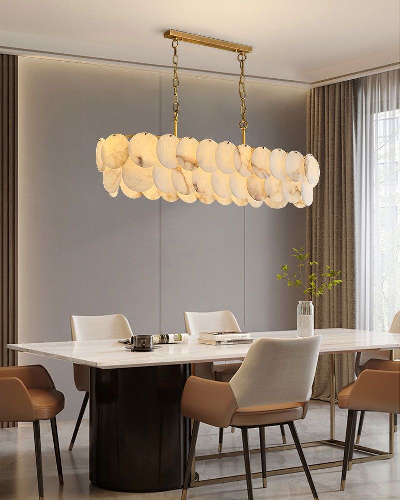 Rectangular Alabaster Chandelier Dia 100 / 120 with Round Shell Piece String Ceiling for Dining Room