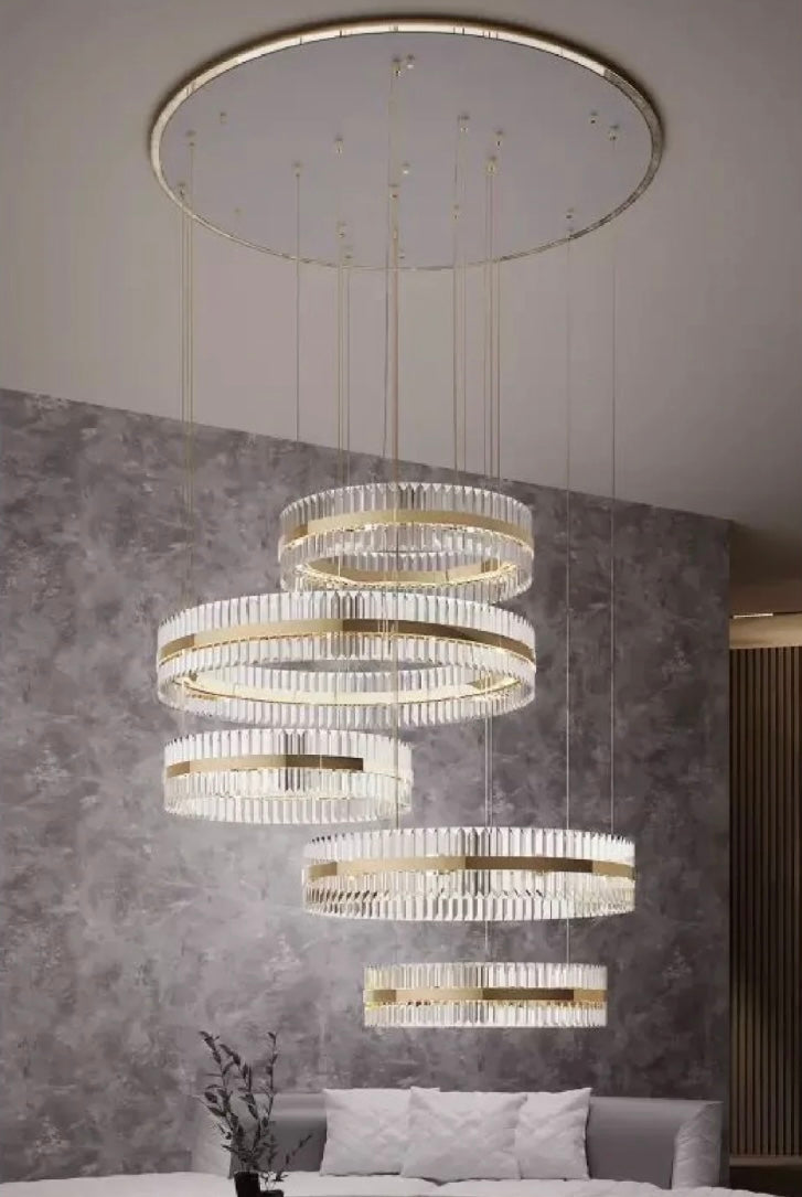 Gold Finish 5-Ring Crystal Chandelier with Metal and Glass Materials