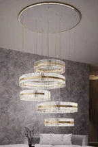 Gold Finish 5-Ring Crystal Chandelier with Metal and Glass Materials