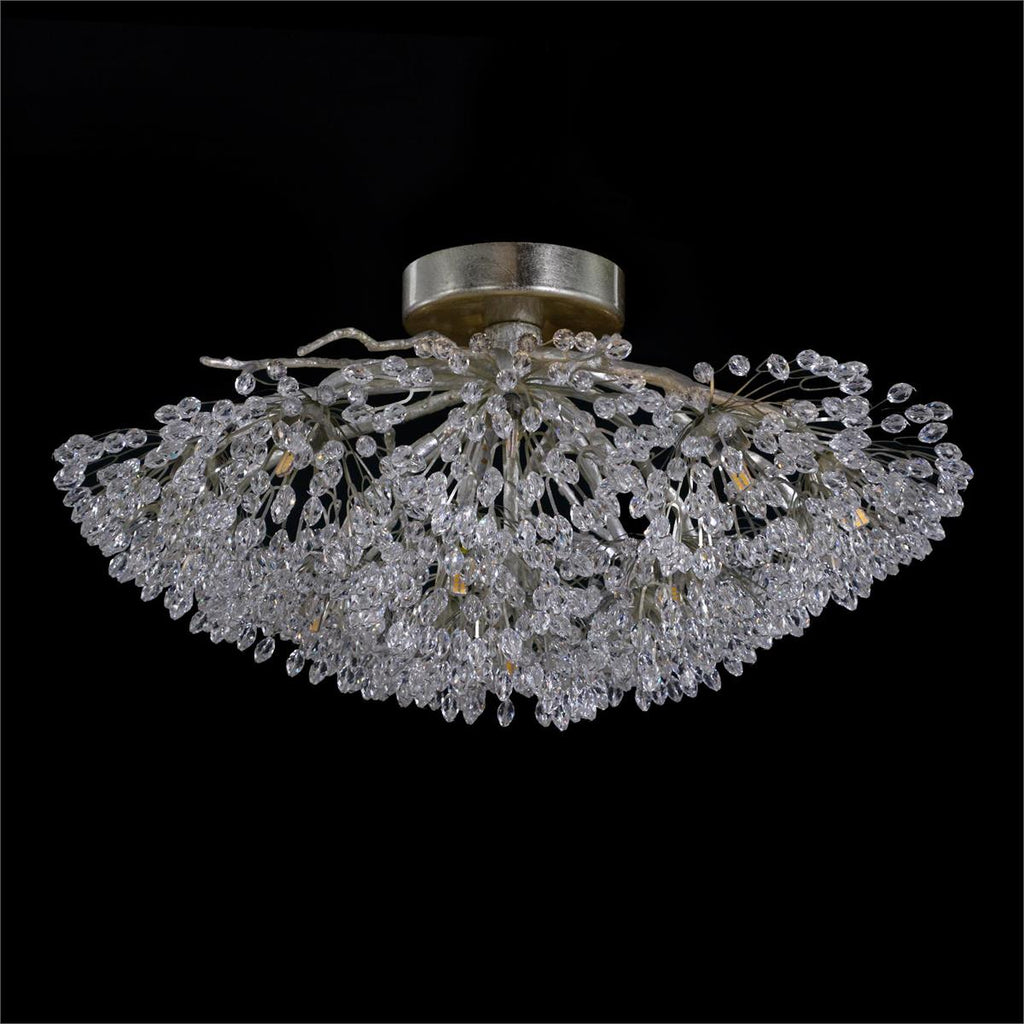 Hanasaku Flower Sixteen-Light Flush Mount in Antique Silver Leaf with Hand-Cut Crystal
