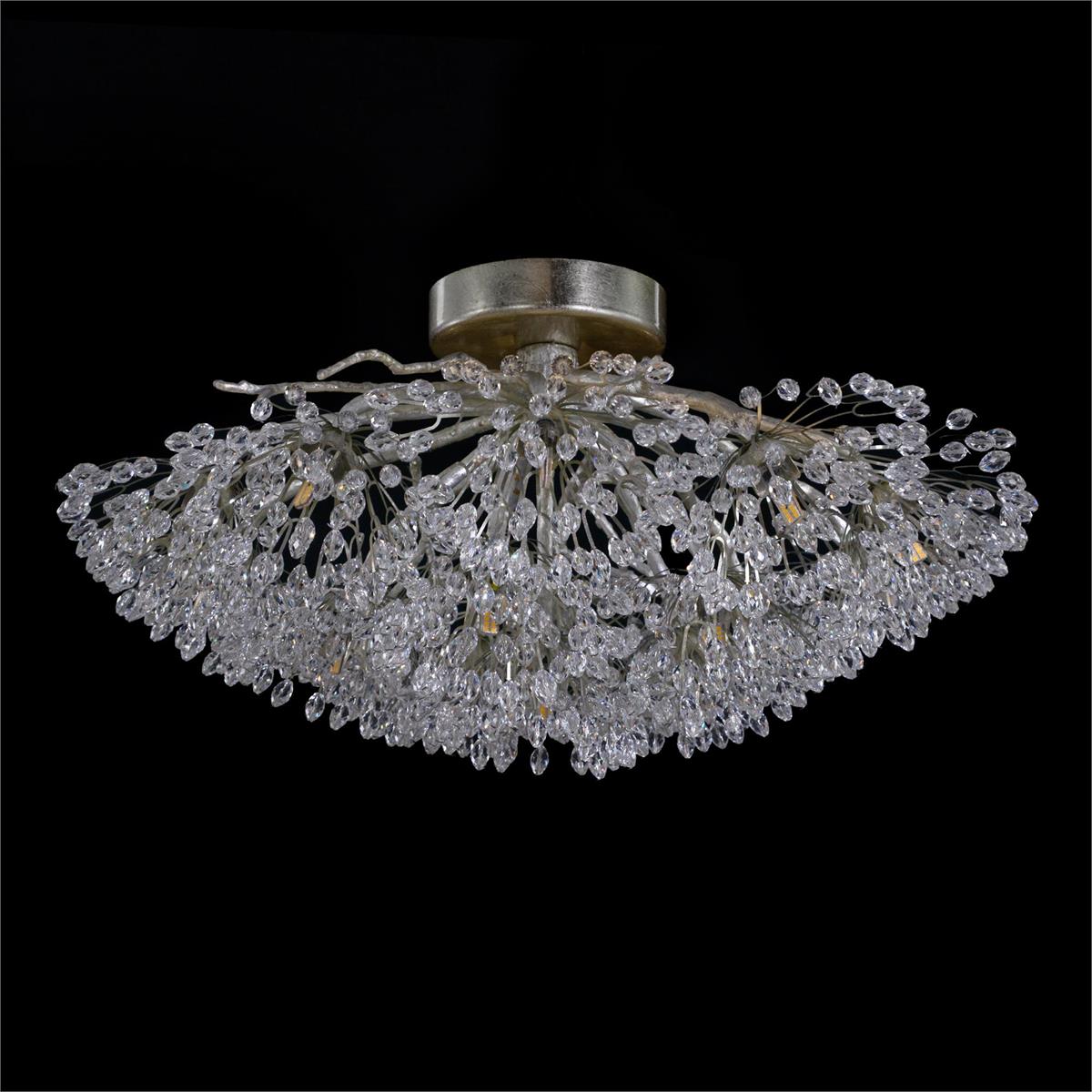 Hanasaku Flower Sixteen-Light Flush Mount in Antique Silver Leaf with Hand-Cut Crystal
