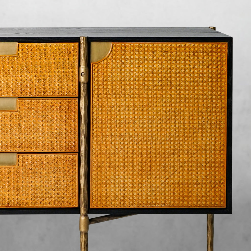 Vintage Forged Metal Frame Rattan Side Cabinet
