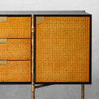 Vintage Forged Metal Frame Rattan Side Cabinet