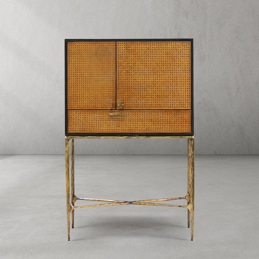 Vintage Forged Metal Frame Rattan Side Cabinet