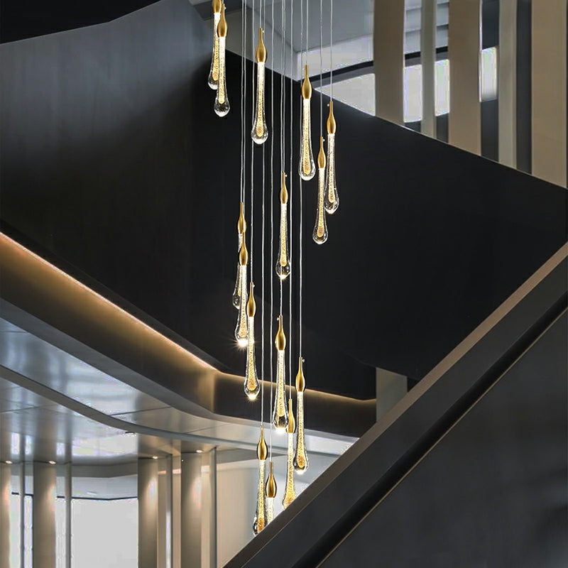Gold Finish Glass Drops Pendant Chandelier Spiral Staircase Light with High-Quality Crystal