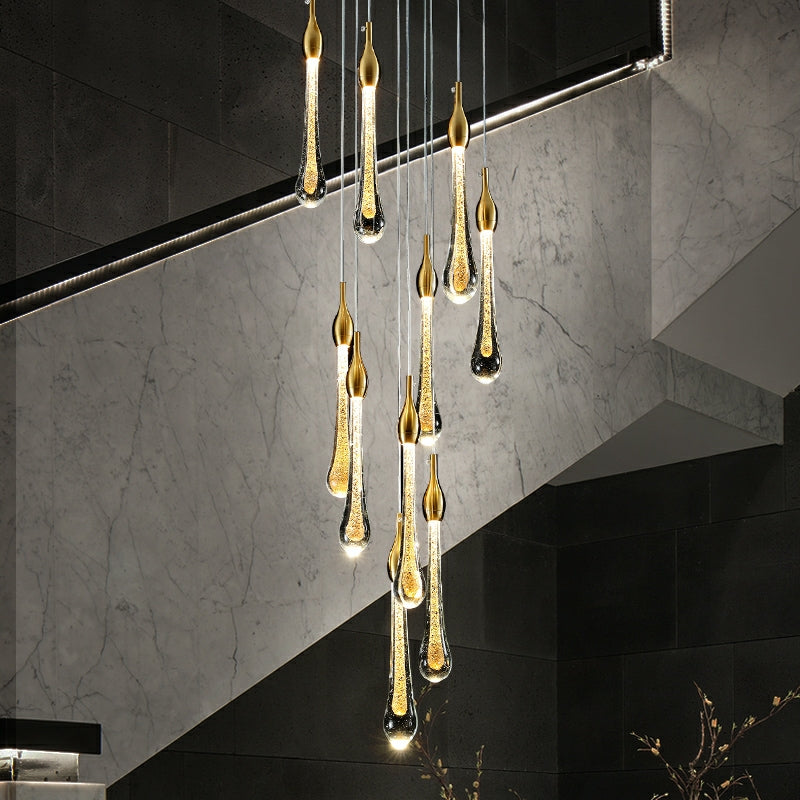 Gold Finish Glass Drops Pendant Chandelier Spiral Staircase Light with High-Quality Crystal