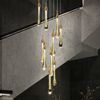 Gold Finish Glass Drops Pendant Chandelier Spiral Staircase Light with High-Quality Crystal