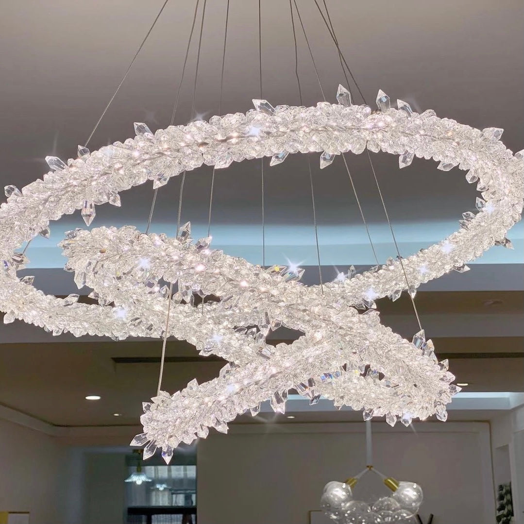 Modern 3-Ring Round K9 Crystal Chandelier with Steel Wire Finish for Living Room Bedroom