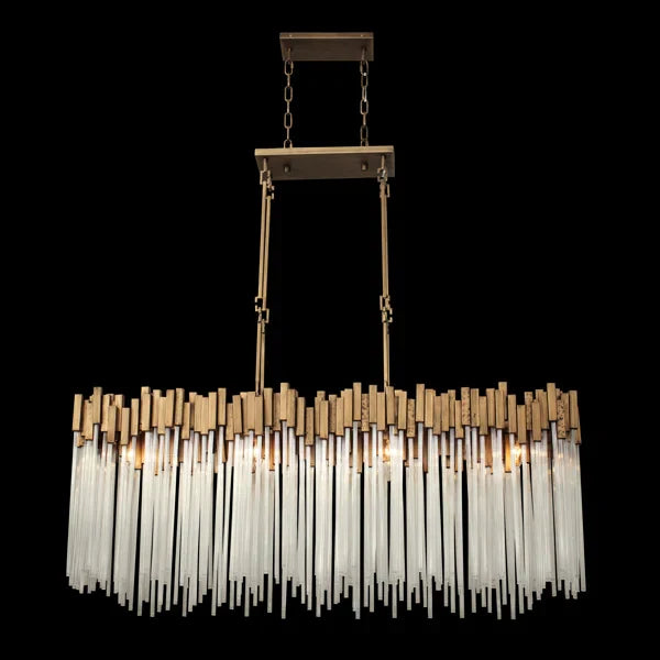 Modern Rectangular Glass and Metal Chandelier with Clear Glass Rods for Dining Room