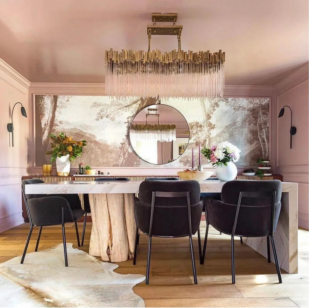 Modern Rectangular Glass and Metal Chandelier with Clear Glass Rods for Dining Room