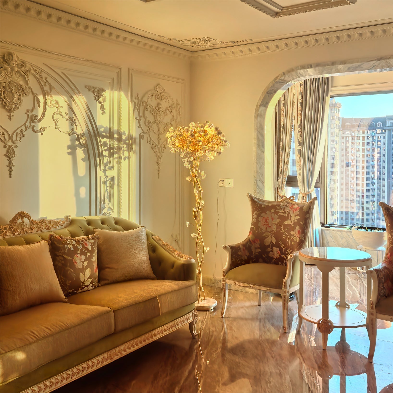 Ceramic Branch Brass Crystal Flower Floor Lamp