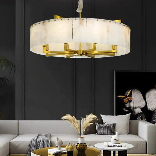 Alabaster Flake Brass Round Chandelier Lighting