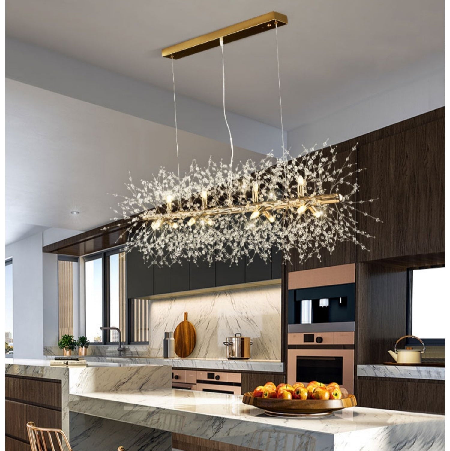 Dandelion Crystal Chandelier Light Firefly / Glowworm Hanging Lamp Pendant for Rectangle Dining Room