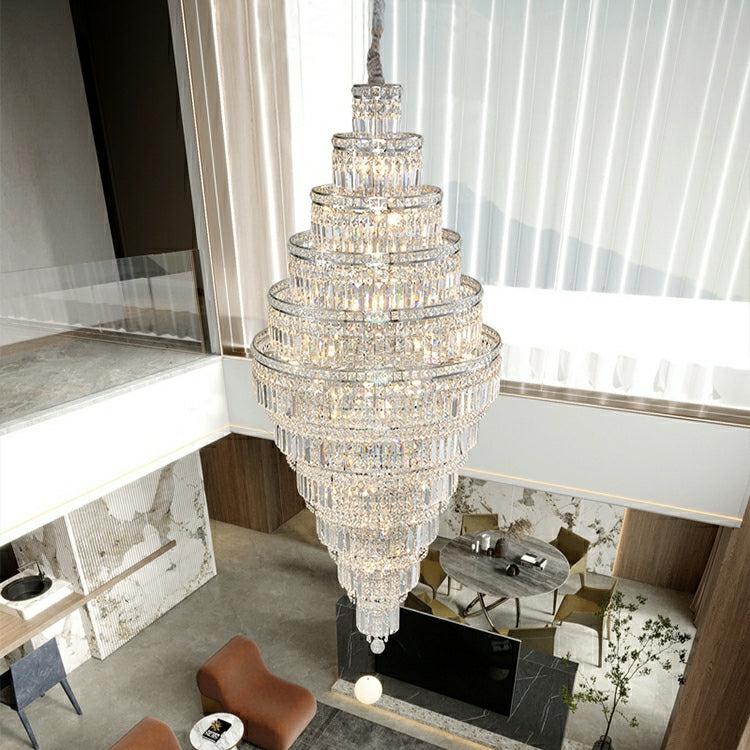 Chrome Extra Large Crystal Chandelier for Foyer Staircase Living Room Entrance Ceiling Light in Silver