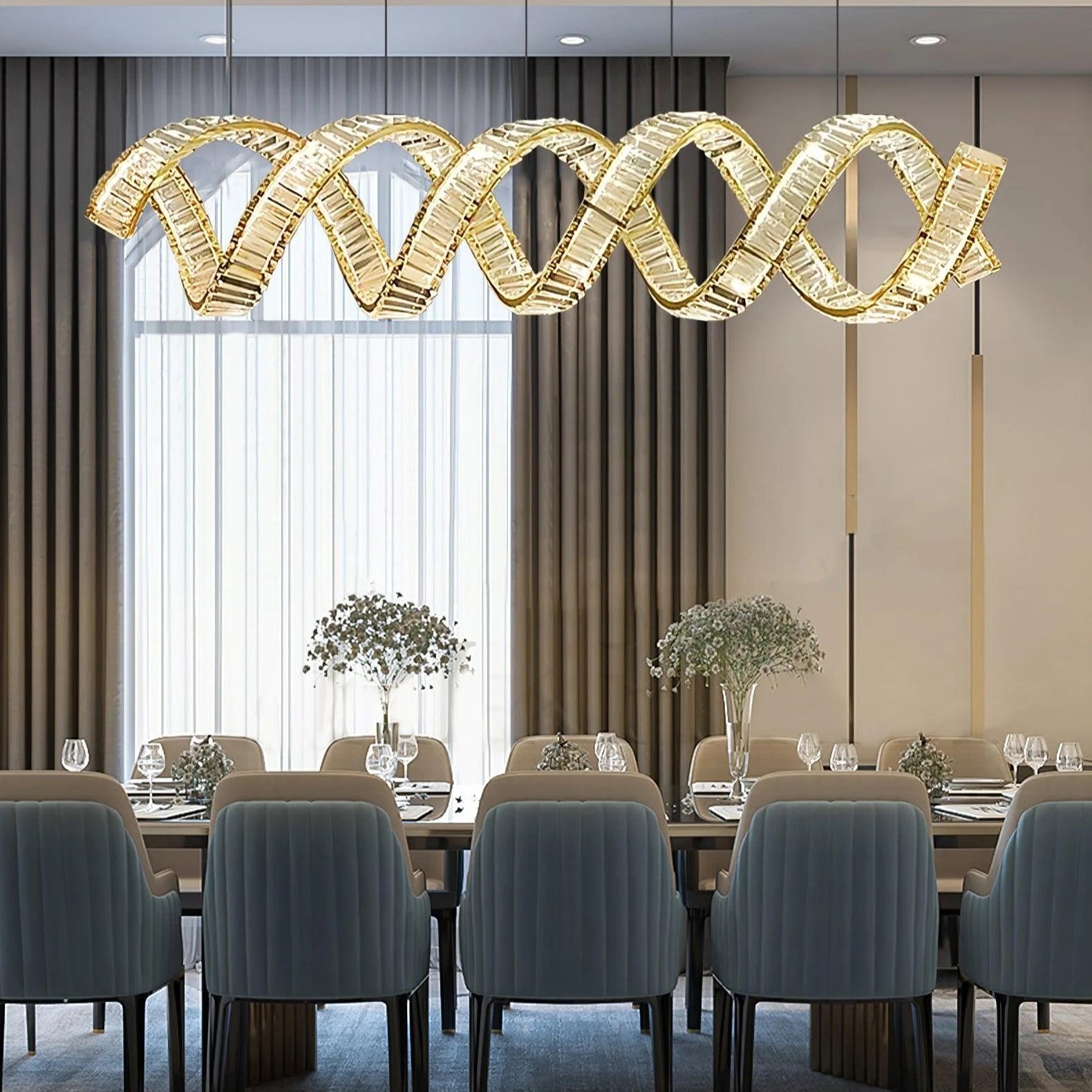 Luxury Stainless Steel Linear Spiral Crystal Chandelier for Dining Room and Kitchen Island