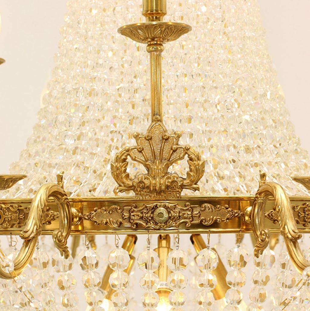 Empire Style Round Brass and K9 Crystal Chandelier with Decorative Finish for Foyer Living Room Dining Room