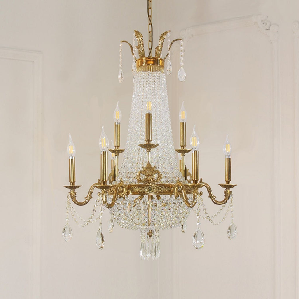 Empire Style Round Brass and K9 Crystal Chandelier with Decorative Finish for Foyer Living Room Dining Room